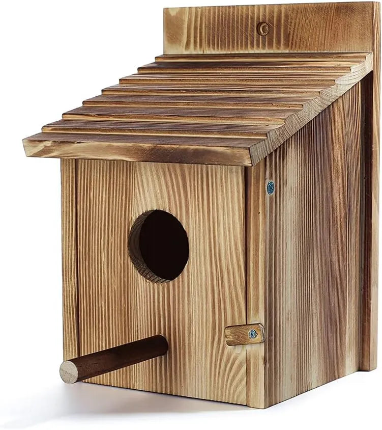 Outdoor hanging wooden bird house with pole