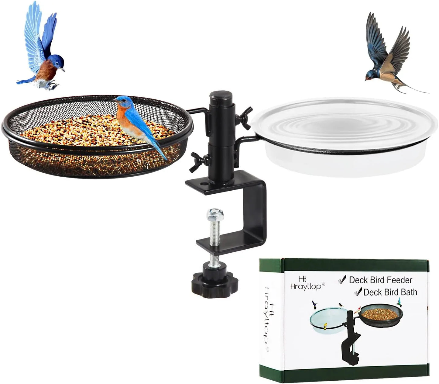 Bathouse bird bath, feeding bowl with balcony holder