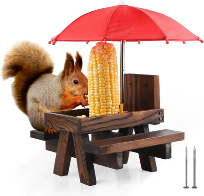 Bathouse Squirrel Feeder with Umbrella, Wooden Squirrel Feeder for Hanging