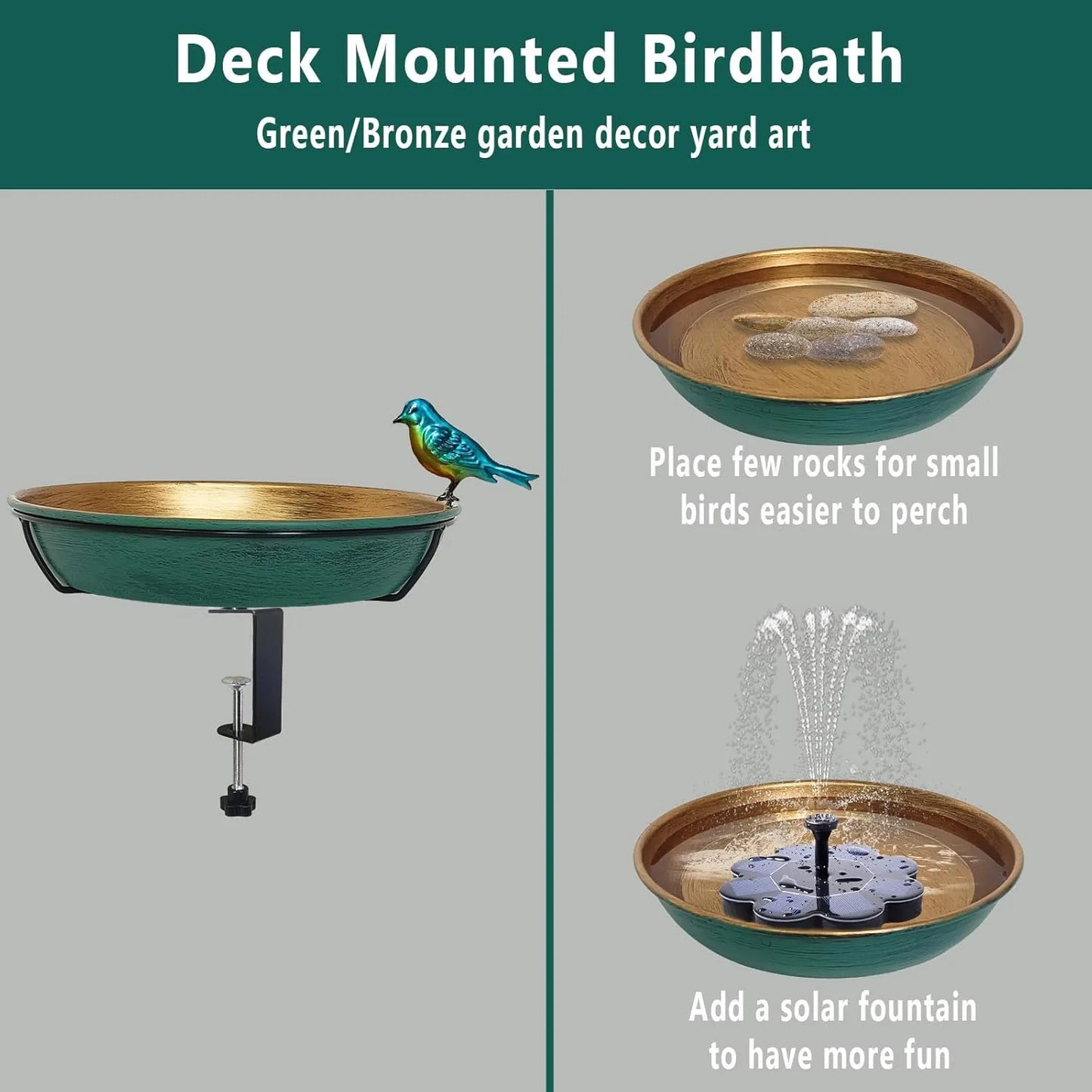 Deck Bird Bath for Outdoors, 11" Copper Metal Birdbath Bowl