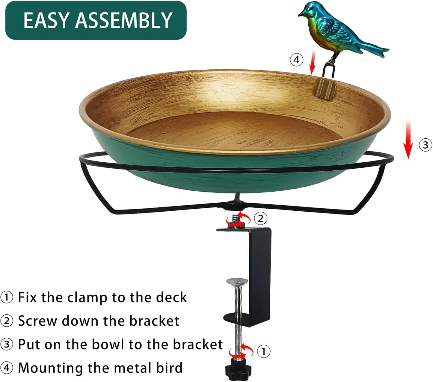 Deck Bird Bath for Outdoors, 11" Copper Metal Birdbath Bowl