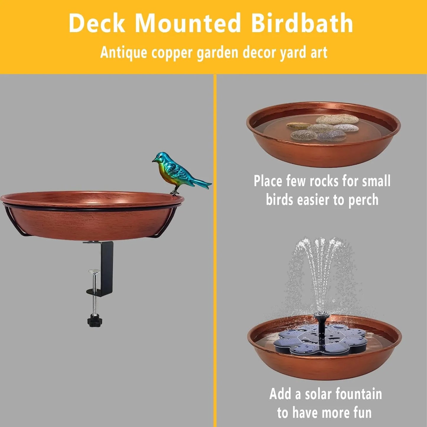 Deck Bird Bath for Outdoors, 11" Copper Metal Birdbath Bowl