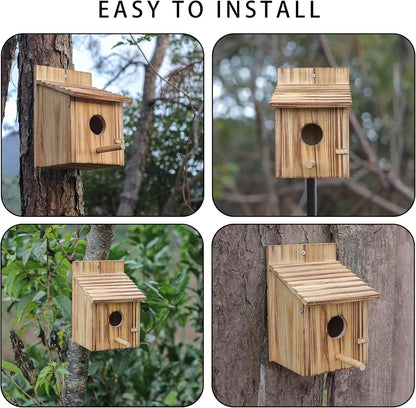 Outdoor hanging wooden bird house with pole