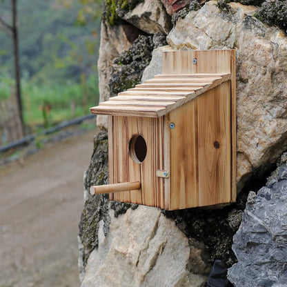 Outdoor hanging wooden bird house with pole