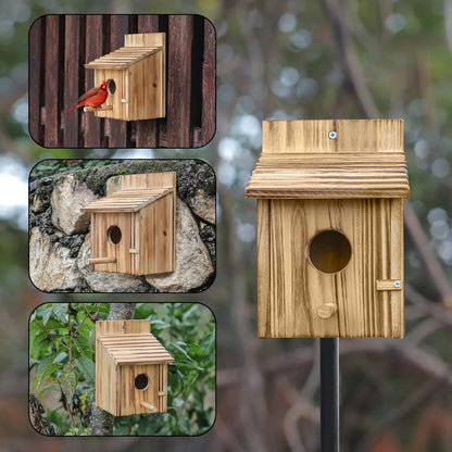 Outdoor hanging wooden bird house with pole