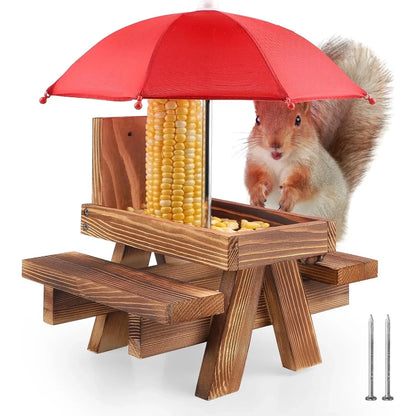 Bathouse Squirrel Feeder with Umbrella, Wooden Squirrel Feeder for Hanging